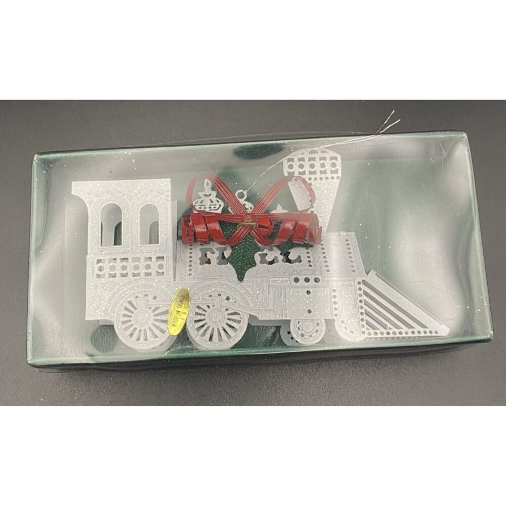 Vintage 1989 White Glitter Train Ornament Box Unbranded Metal Locomotive in Box - Picture 3 of 6